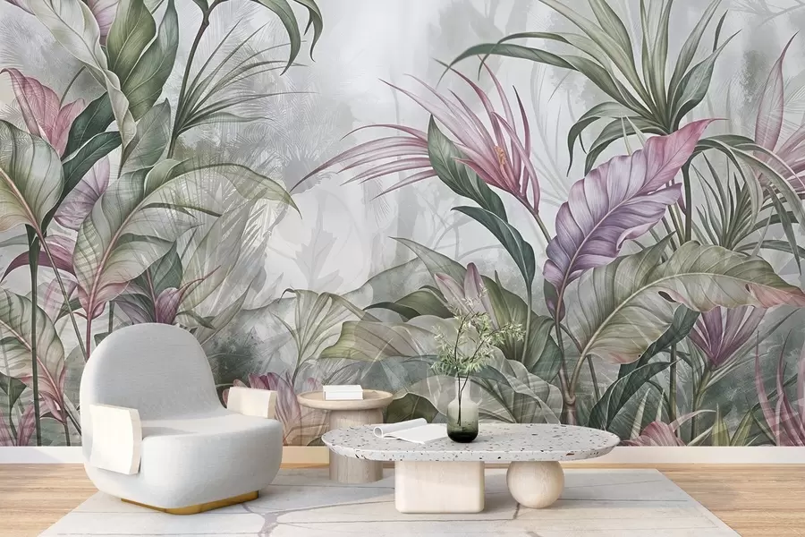 Fototapet Tropisk djungel med stora gröna blad och rosa proteablommor med suddig texturerad bakgrund w08375