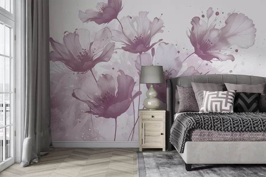 Fototapet Fina rosa blommor med mjuka, suddiga kronblad och stänk av akvarellfärg mot en ljus bakgrund w08376v2