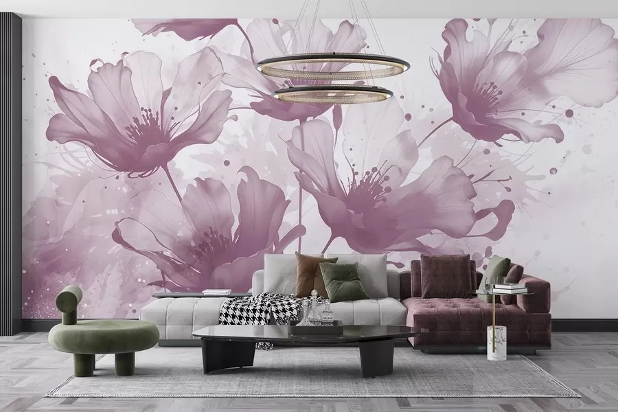 Fototapet Fina rosa blommor med mjuka, suddiga kronblad och stänk av akvarellfärg mot en ljus bakgrund w08376v2