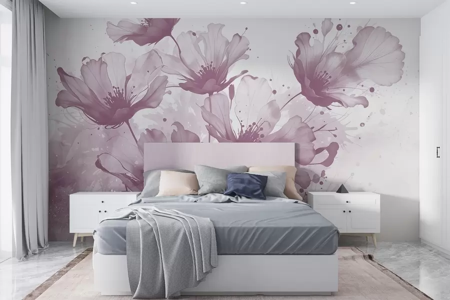 Fototapet Fina rosa blommor med mjuka, suddiga kronblad och stänk av akvarellfärg mot en ljus bakgrund w08376v2
