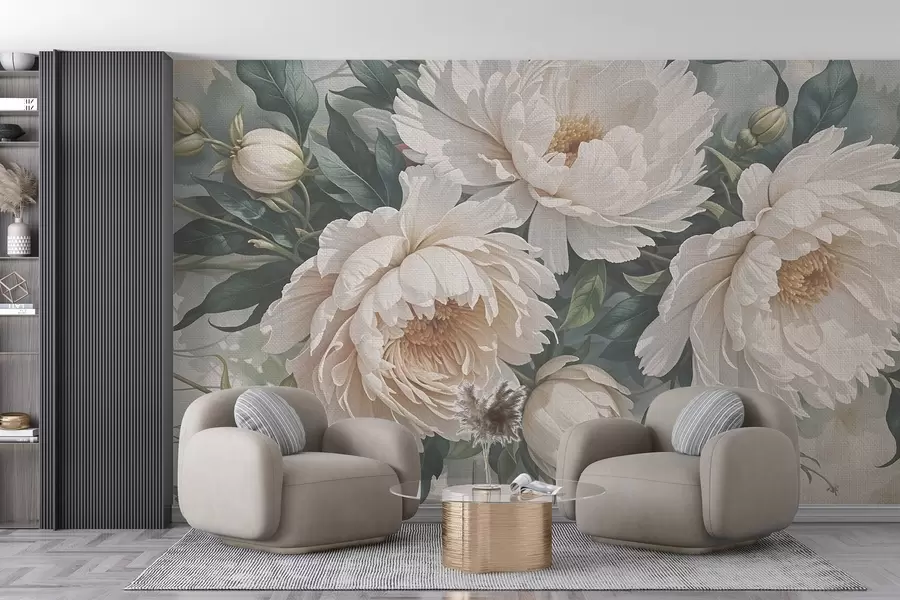 Fototapet Strukturerade stora vita pionblommor med gröna blad, ett frodigt och romantiskt blomsterarrangemang w08377