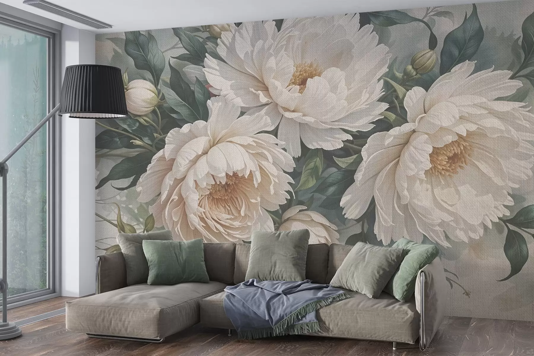 Fototapet Strukturerade stora vita pionblommor med gröna blad, ett frodigt och romantiskt blomsterarrangemang w08377