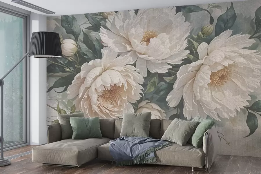 Fototapet Strukturerade stora vita pionblommor med gröna blad, ett frodigt och romantiskt blomsterarrangemang w08377