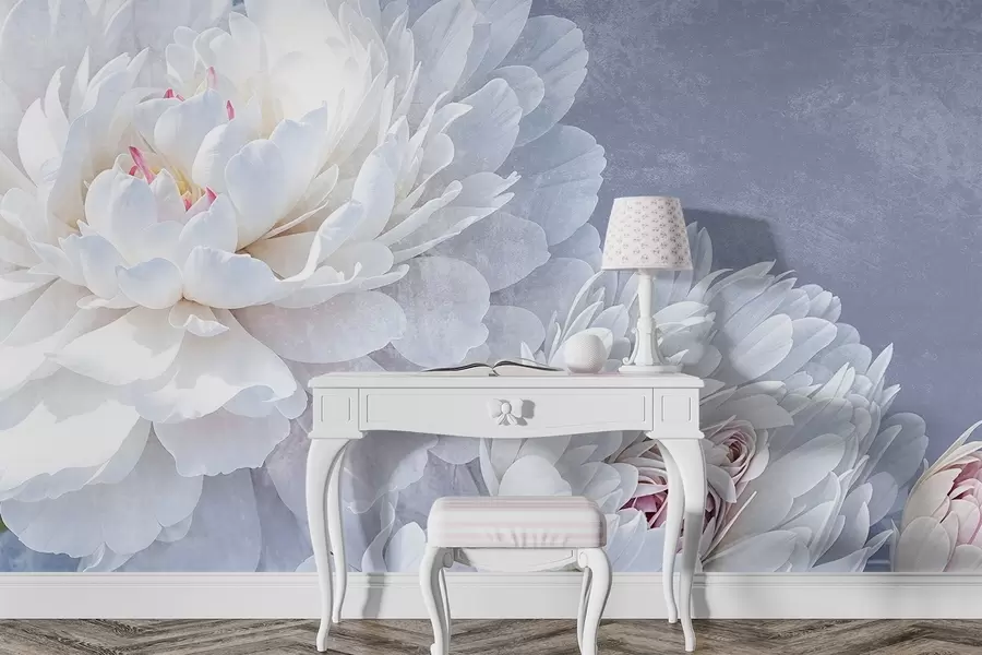 Fototapet Vita detaljerade pionblommor med mjuka, skira kronblad mot en ljus pastellblå texturerad bakgrund w08379