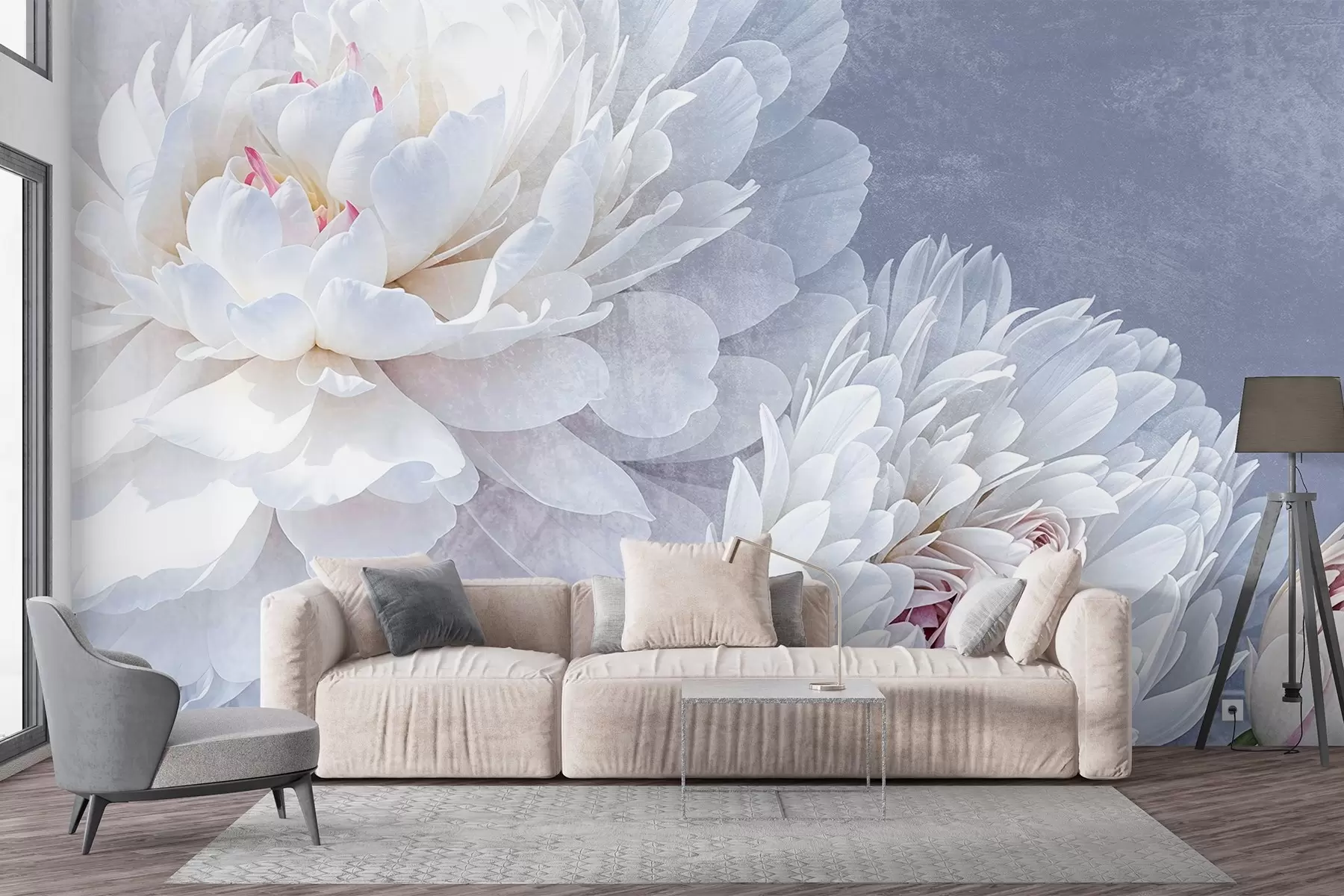 Fototapet Vita detaljerade pionblommor med mjuka, skira kronblad mot en ljus pastellblå texturerad bakgrund w08379