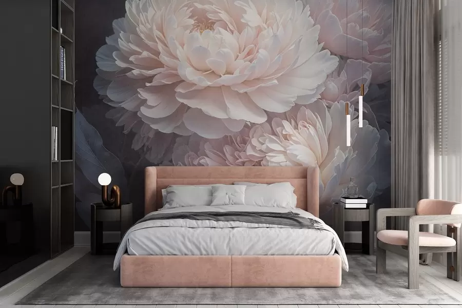 Fototapet En närbild av två stora, skira rosa pioner med mjuka, fluffiga kronblad och blad mot en suddig bakgrund w08382