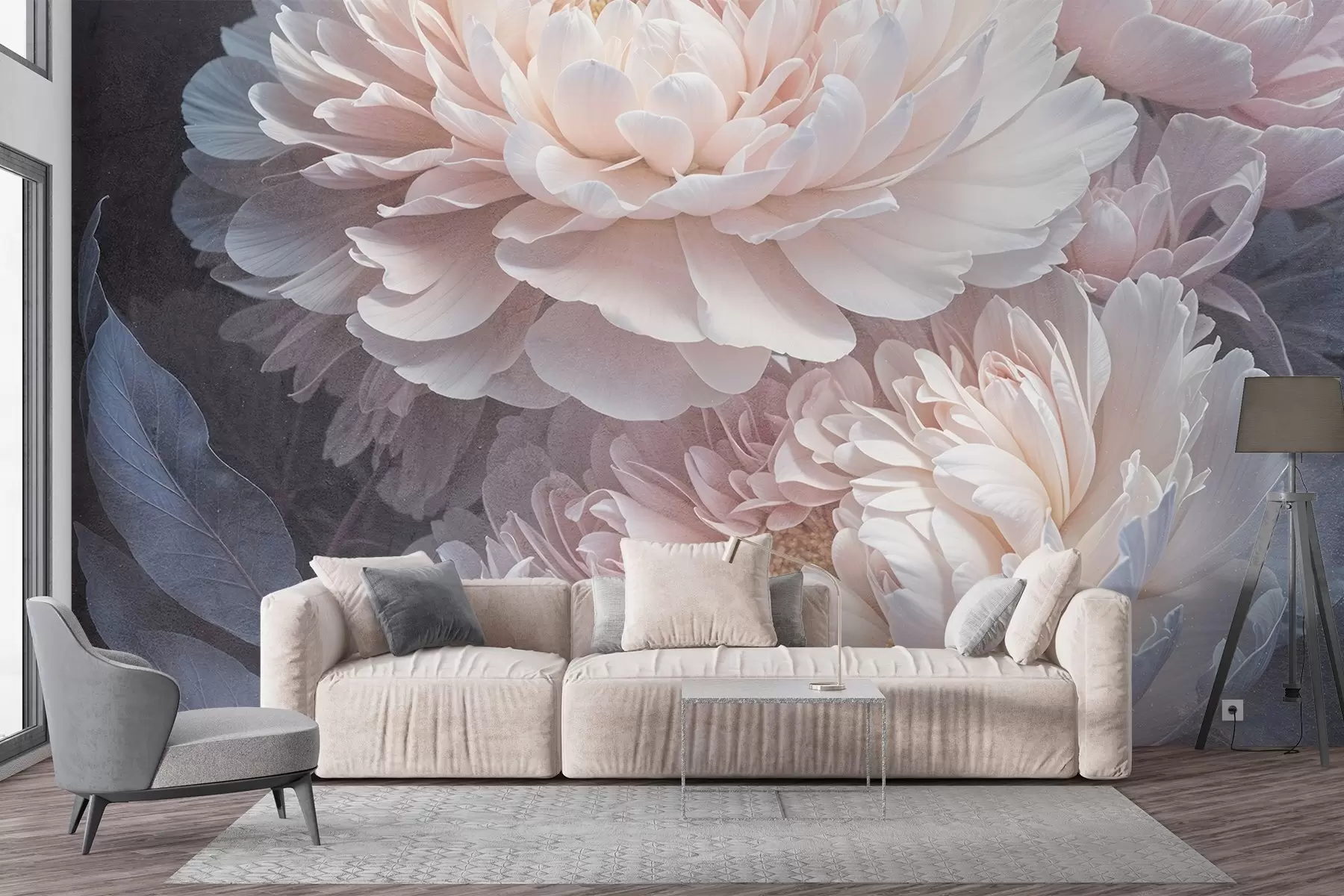 Fototapet En närbild av två stora, skira rosa pioner med mjuka, fluffiga kronblad och blad mot en suddig bakgrund w08382