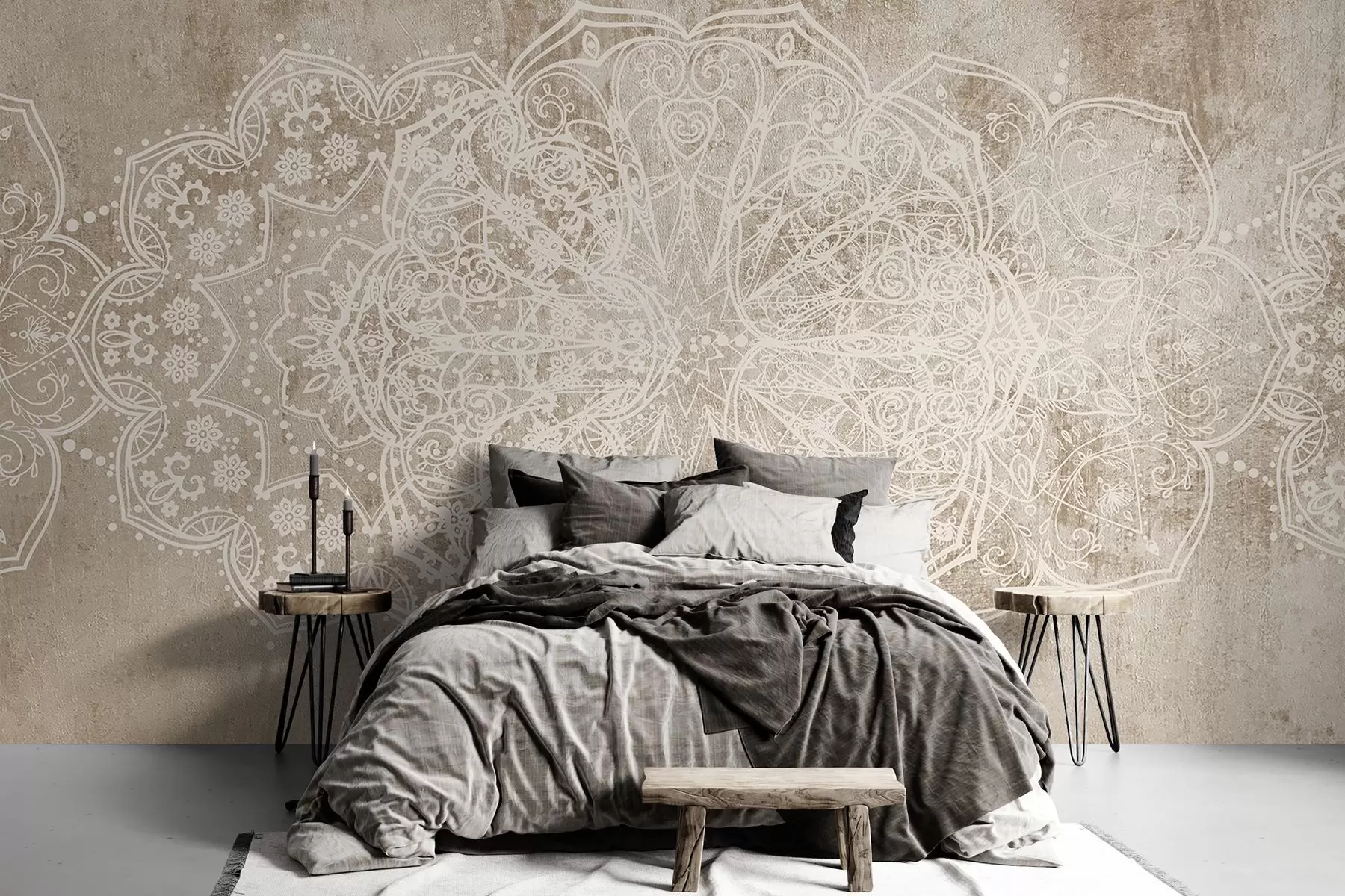Fototapet Ett detaljerat, intrikat vitt spetsmandalamönster på en strukturerad loft beige-brun väggbakgrund w08387v1