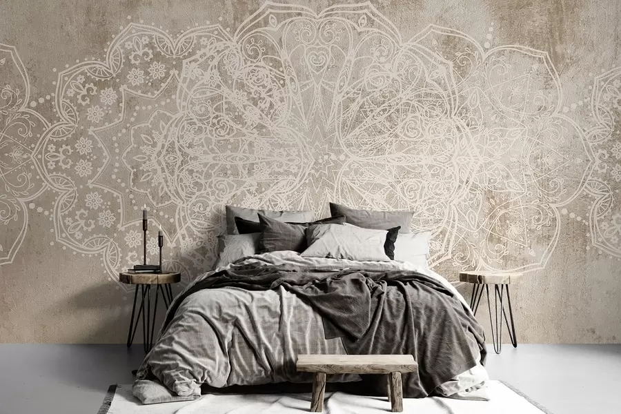 Fototapet Ett detaljerat, intrikat vitt spetsmandalamönster på en strukturerad loft beige-brun väggbakgrund w08387v1