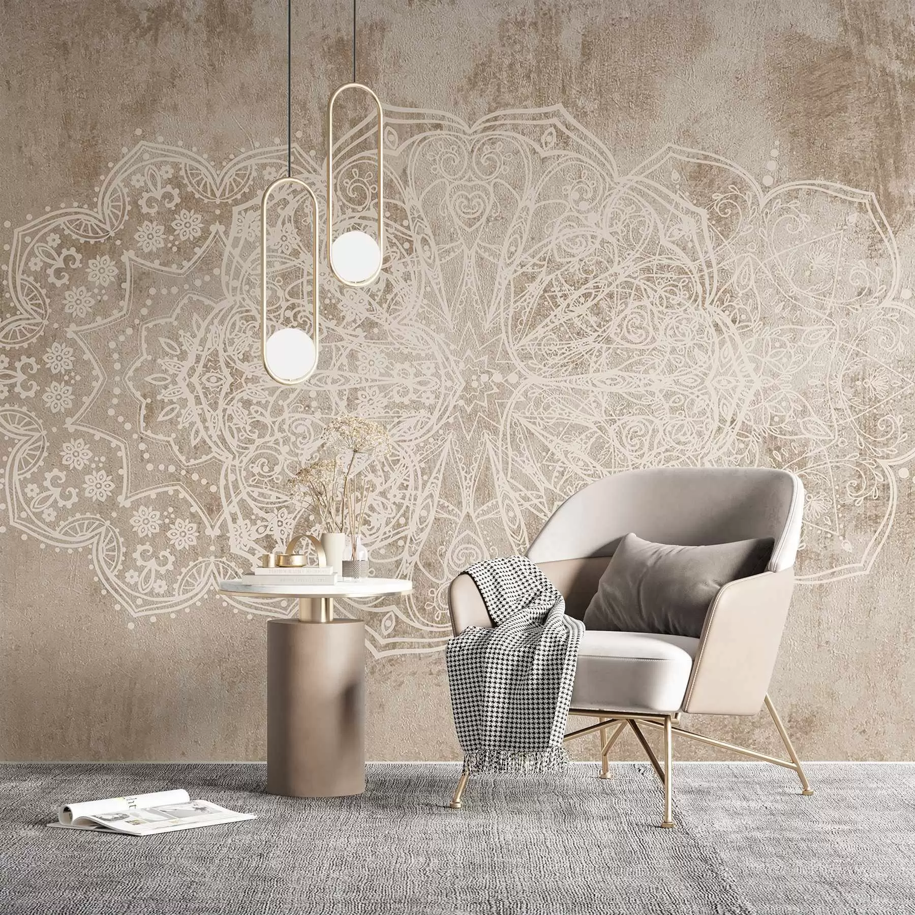 Fototapet Ett detaljerat, intrikat vitt spetsmandalamönster på en strukturerad loft beige-brun väggbakgrund w08387v1