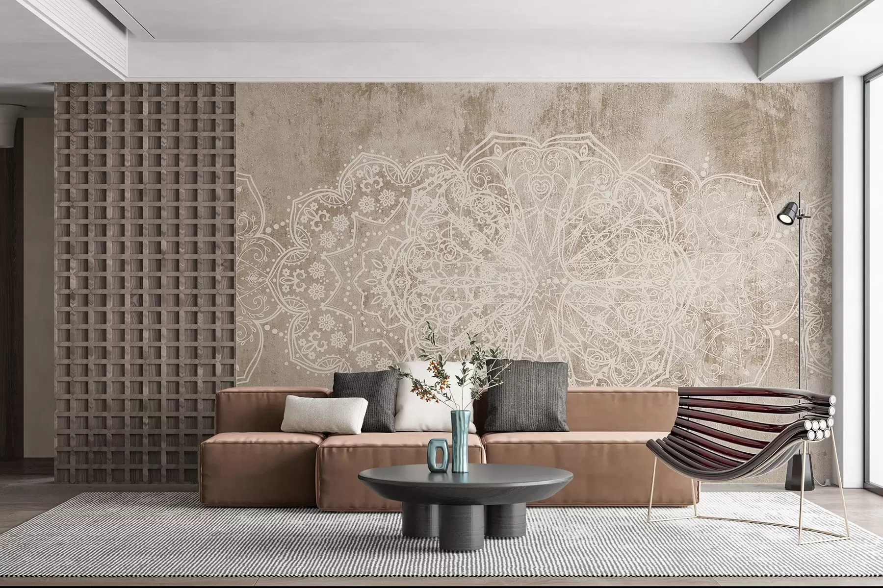 Fototapet Ett detaljerat, intrikat vitt spetsmandalamönster på en strukturerad loft beige-brun väggbakgrund w08387v1