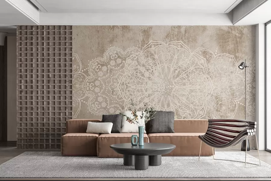Fototapet Ett detaljerat, intrikat vitt spetsmandalamönster på en strukturerad loft beige-brun väggbakgrund w08387v1