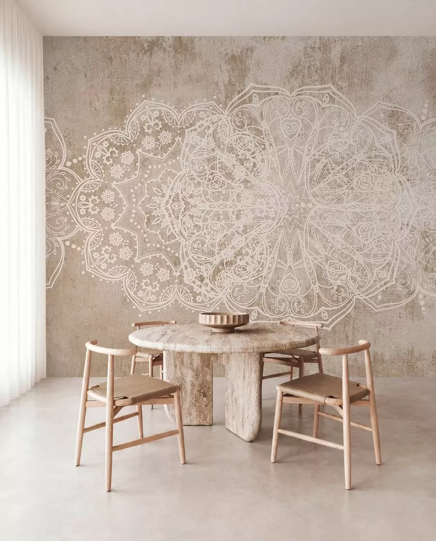 Fototapet Ett detaljerat, intrikat vitt spetsmandalamönster på en strukturerad loft beige-brun väggbakgrund w08387v1