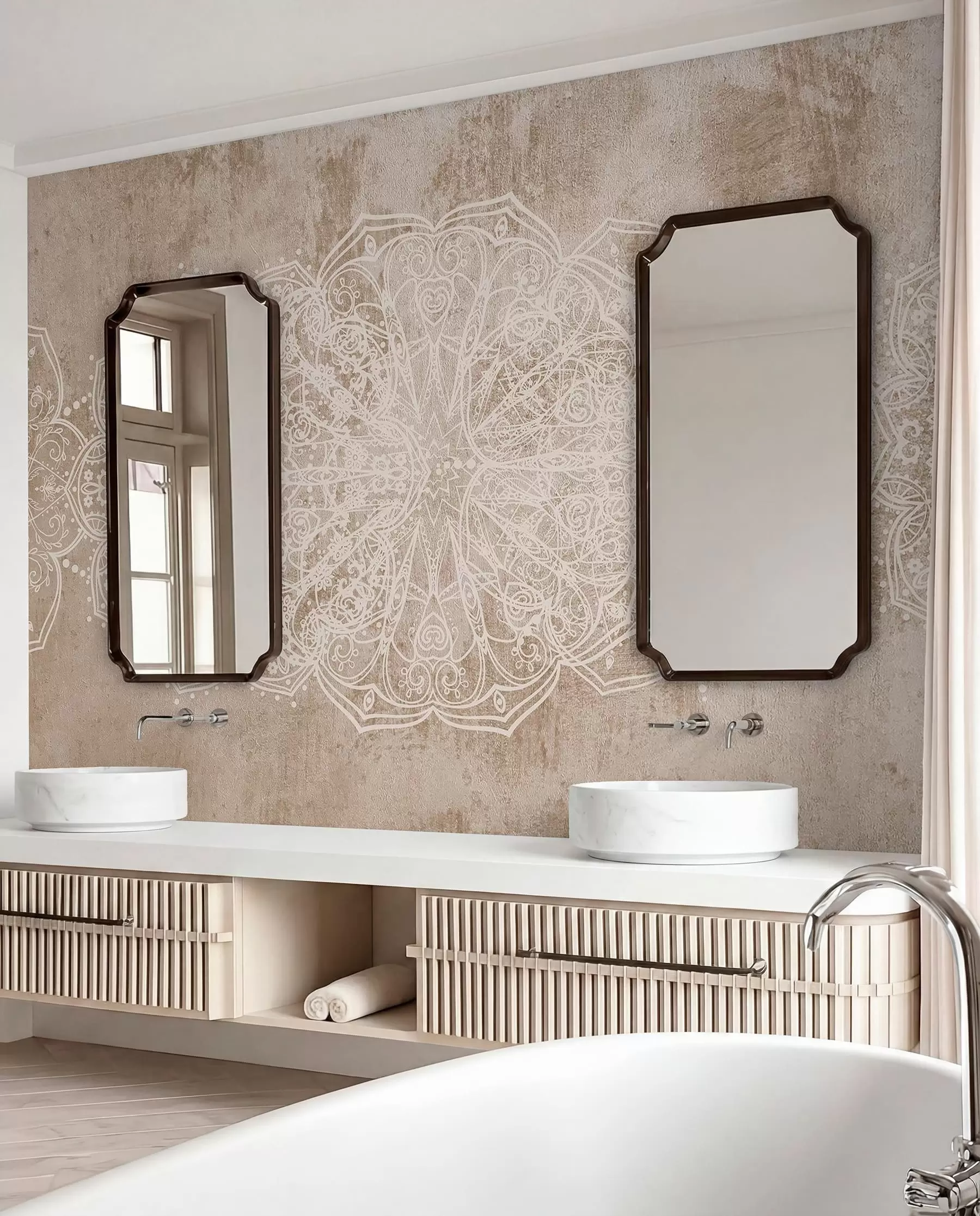 Fototapet Ett detaljerat, intrikat vitt spetsmandalamönster på en strukturerad loft beige-brun väggbakgrund w08387v1