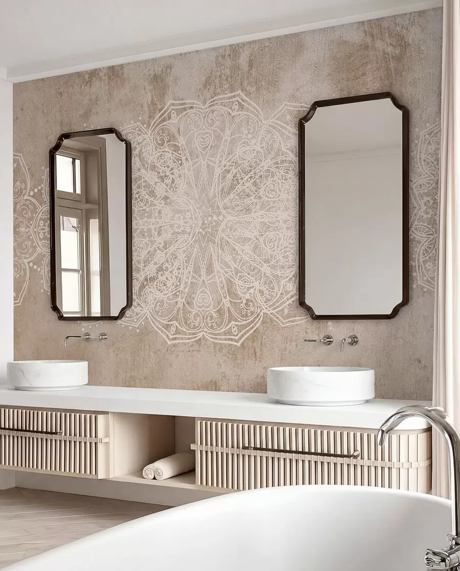 Fototapet Ett detaljerat, intrikat vitt spetsmandalamönster på en strukturerad loft beige-brun väggbakgrund w08387v1