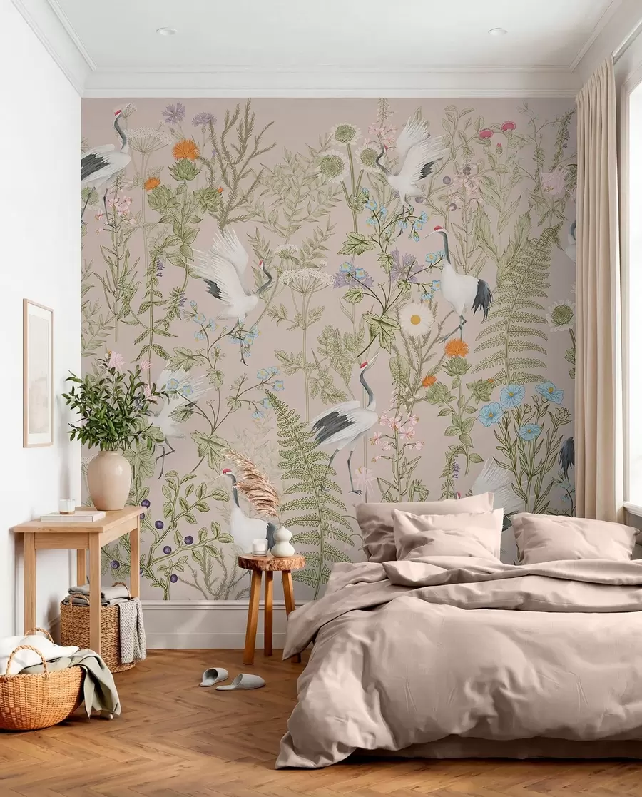 Fototapet Eleganta tranor bland livfulla blommor w00380