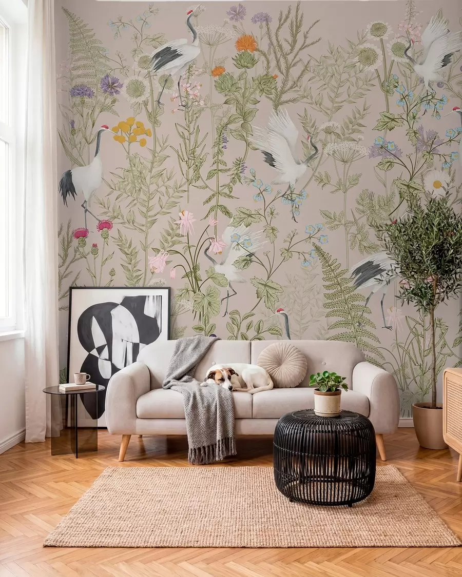 Fototapet Eleganta tranor bland livfulla blommor w00380