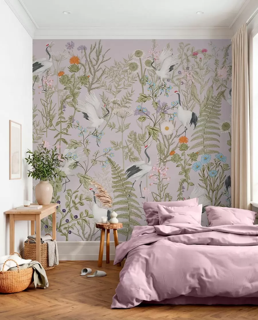 Fototapet Eleganta kranar bland livfulla blommor w00380v3