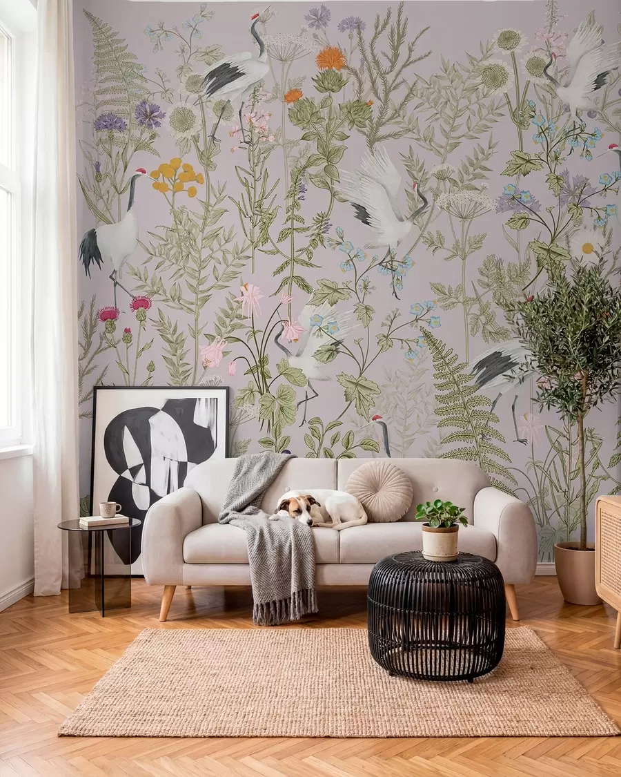 Fototapet Eleganta kranar bland livfulla blommor w00380v3