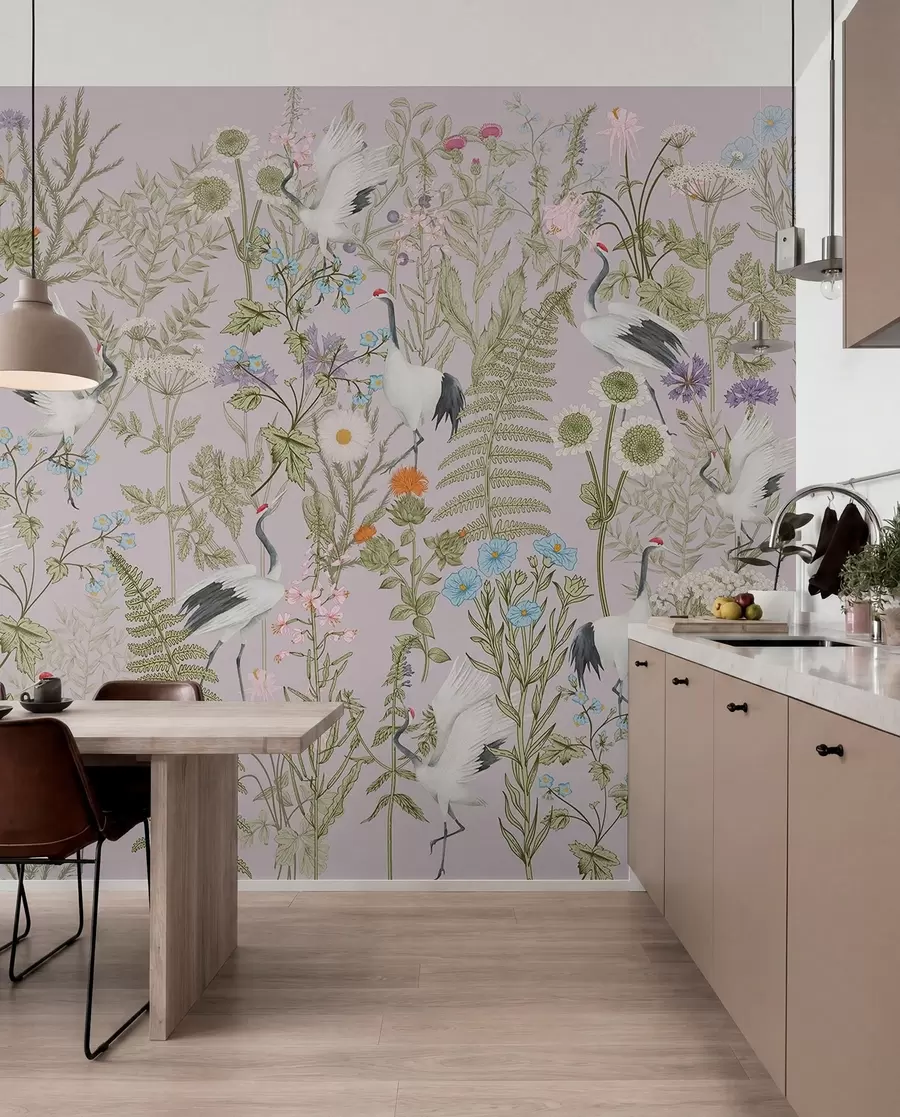 Fototapet Eleganta kranar bland livfulla blommor w00380v3