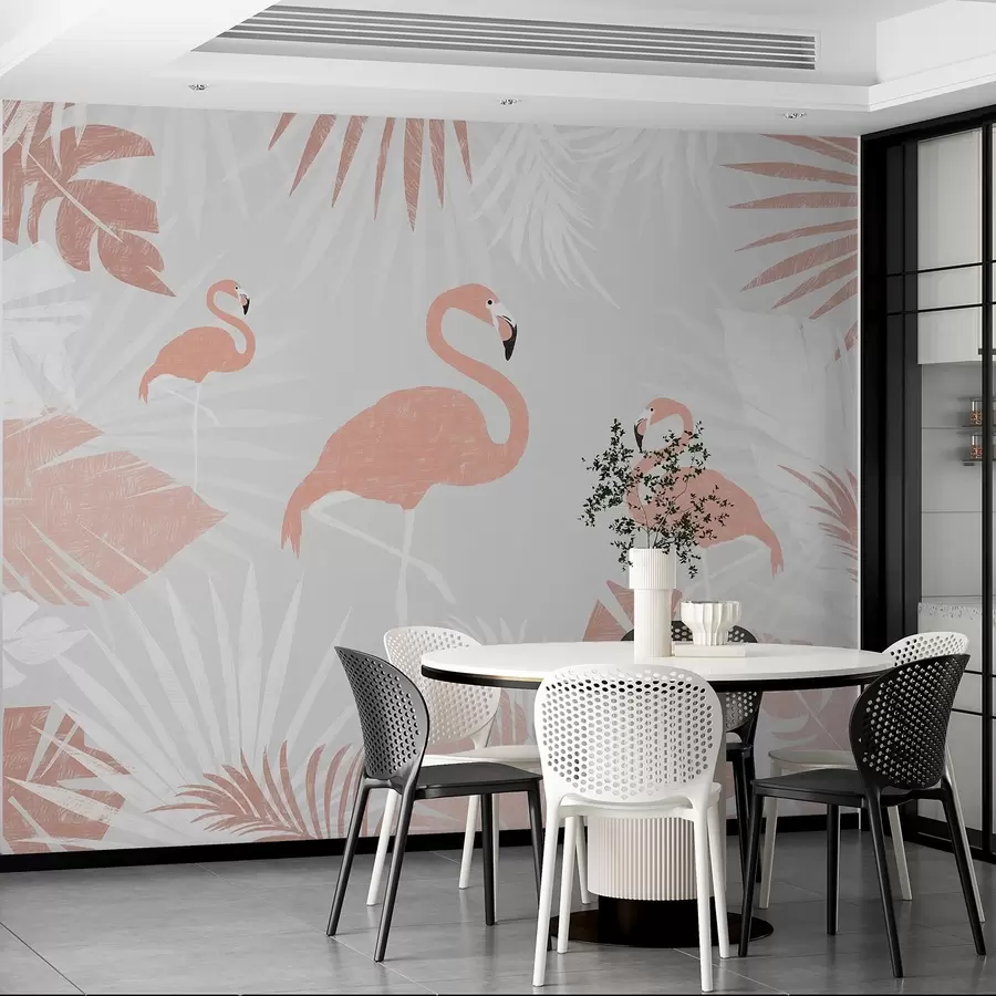 Fototapet Flamingos bland tropiska blad design w00791