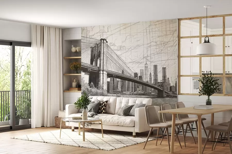 Fototapet Panorama över Brooklyn Bridge gjort i en skissartad retroteknik med linjer och repor w01961