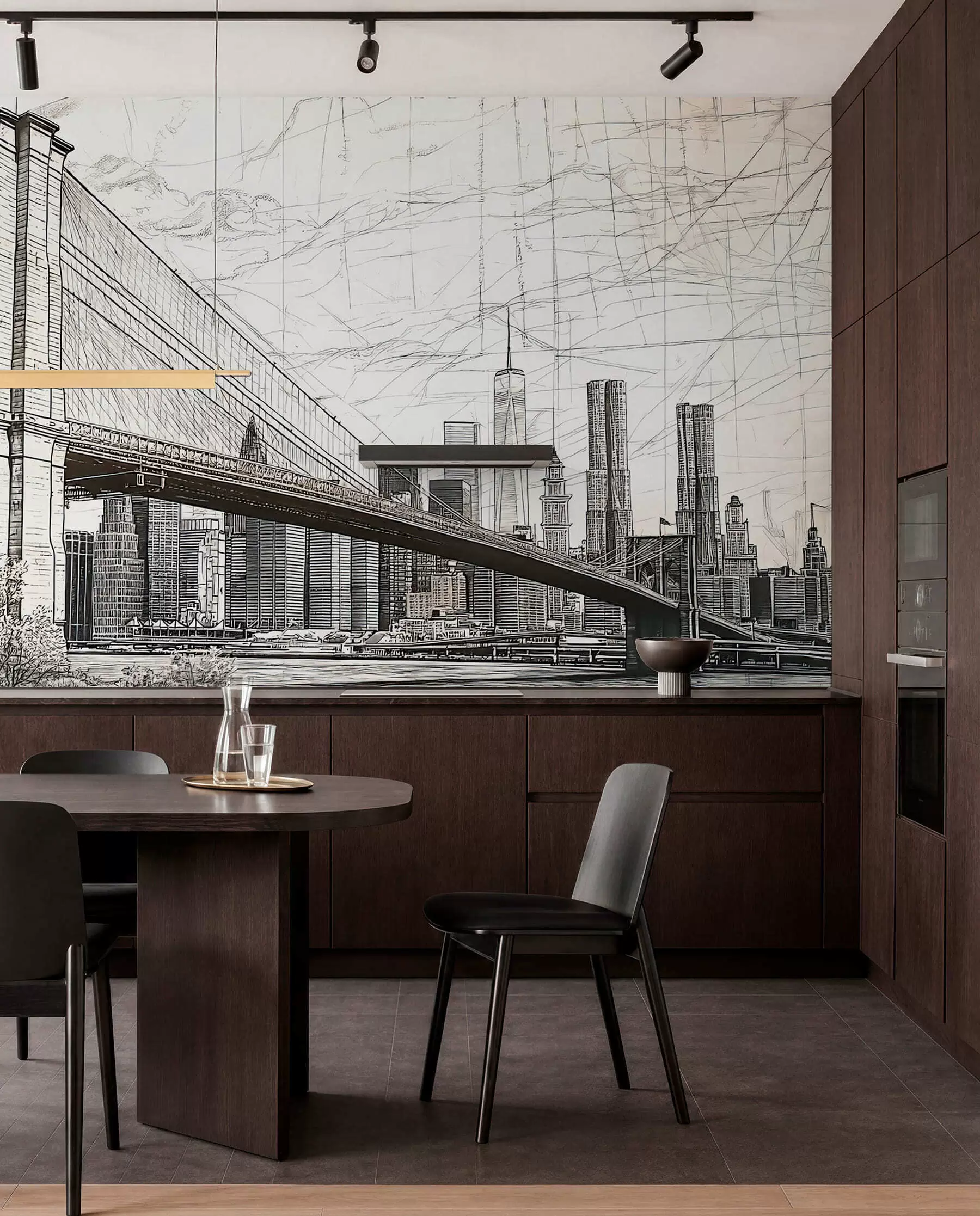 Fototapet Panorama över Brooklyn Bridge gjort i en skissartad retroteknik med linjer och repor w01961