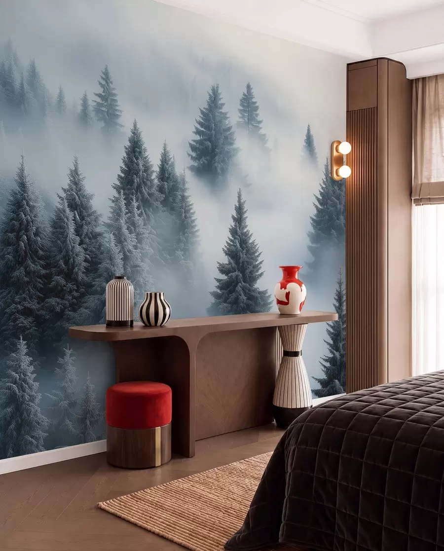 Fototapet Tjock dimma omsluter en snöig morgonskog i nyanser av blått w02064