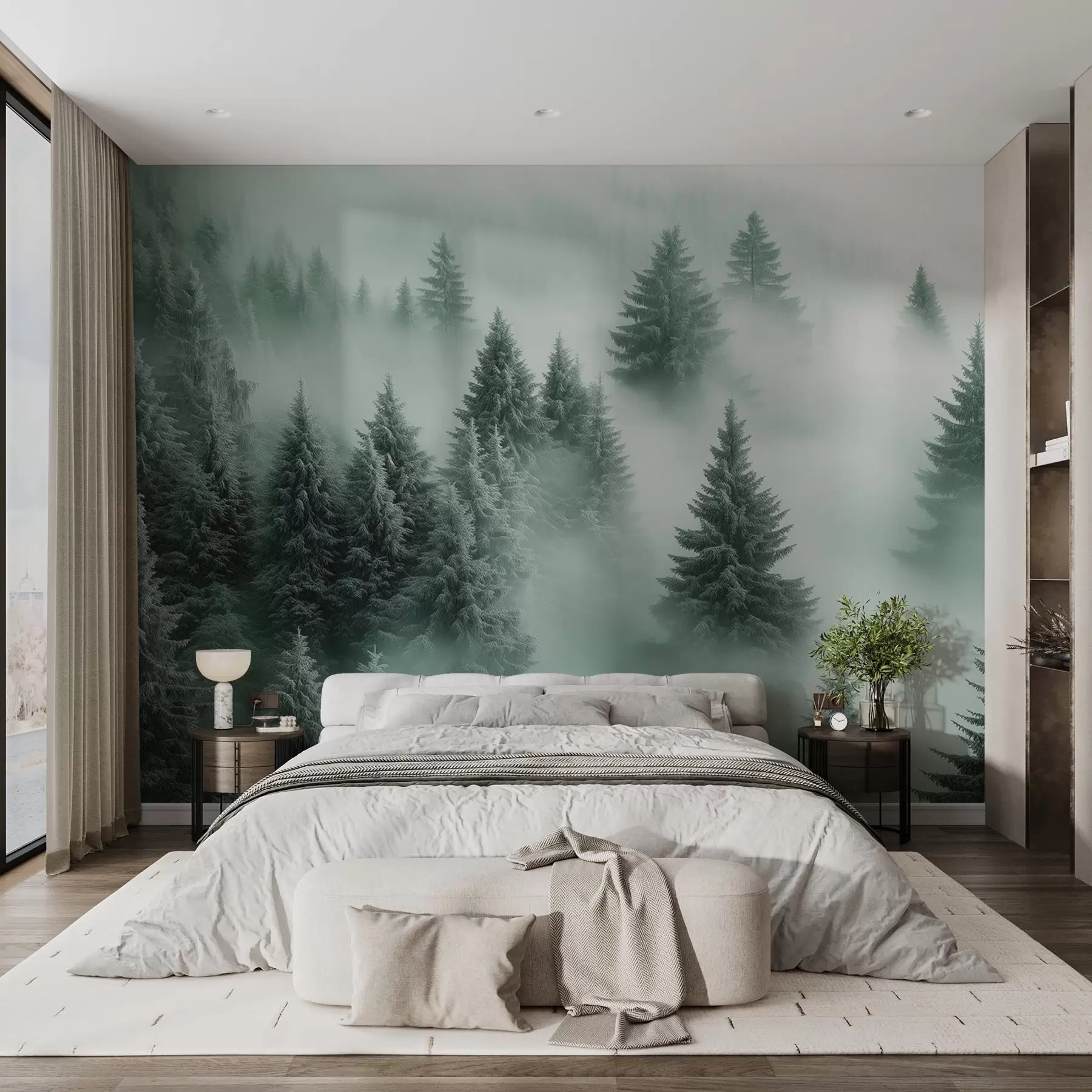 Fototapet Tjock dimma omsluter en snöig morgonskog i gröna nyanser w02064v1