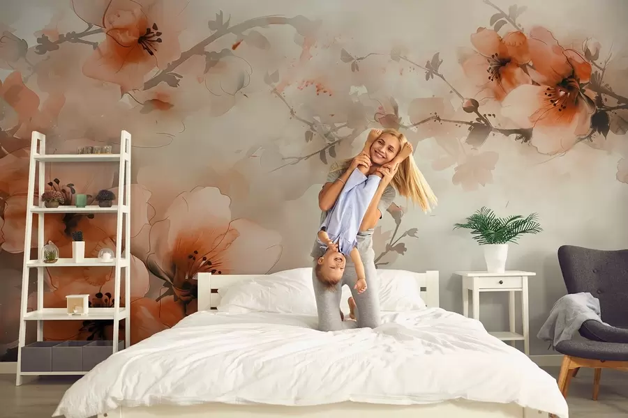 Fototapet Akvarellkomposition av blommor i varma persiko- och orangefärgade nyanser w02068