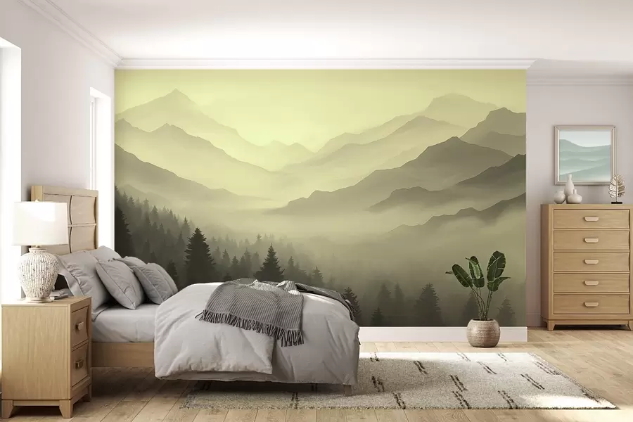 Fototapet Skog och berg i gröna nyanser w02186v1