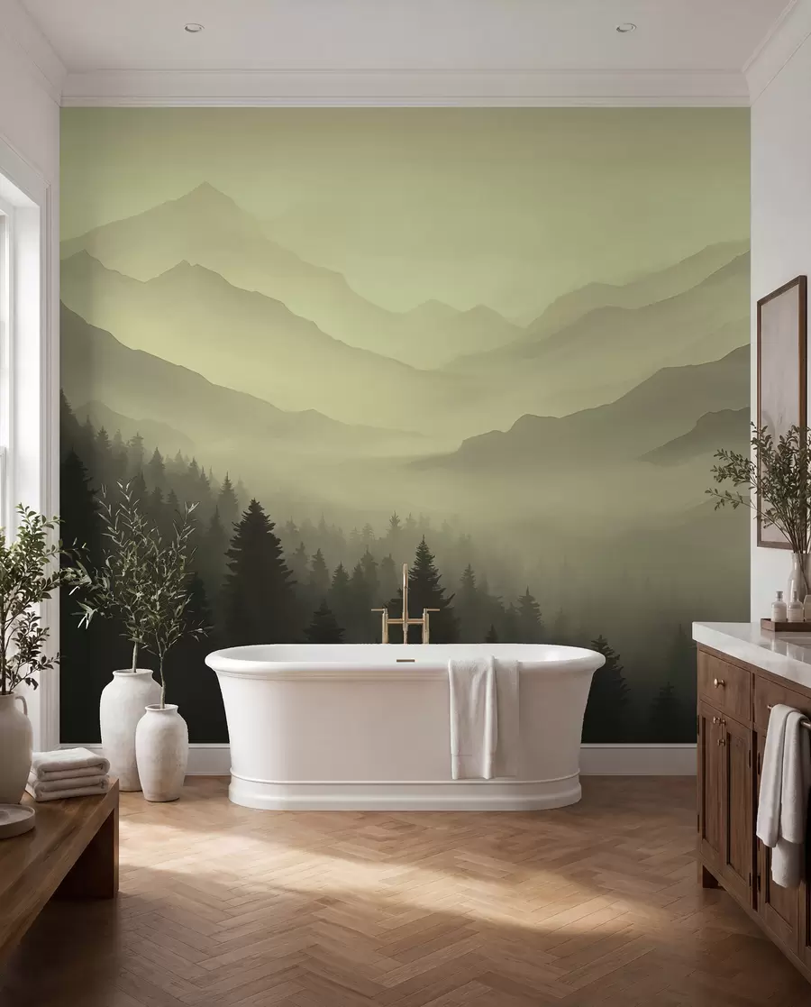 Fototapet Skog och berg i gröna nyanser w02186v1