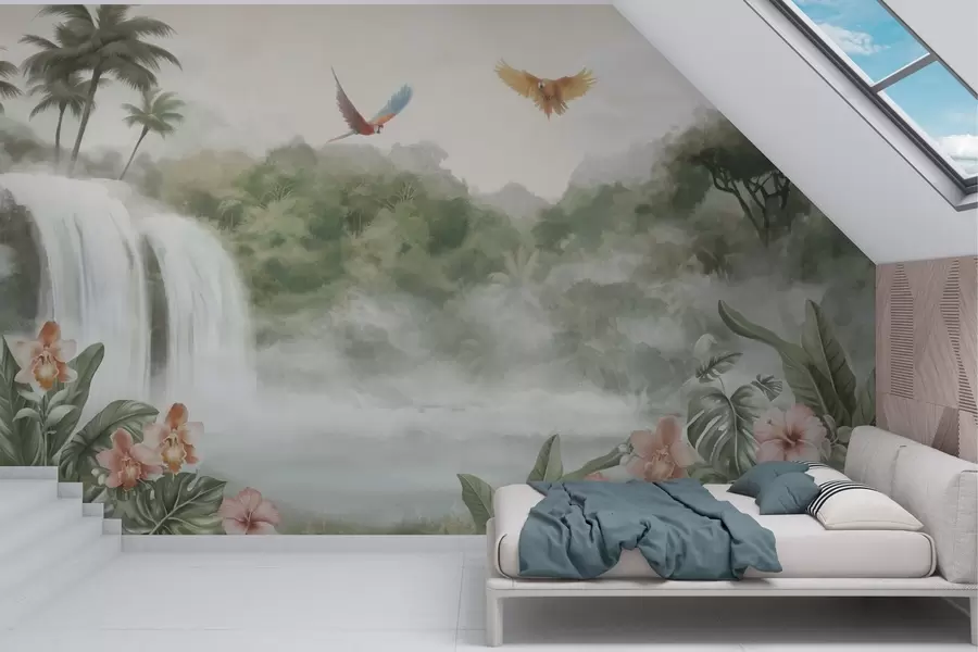 Fototapet Tropiskt landskap med vattenfall, damm, blommor och fåglar w02127