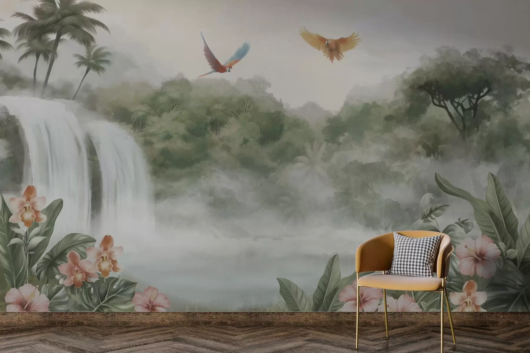 Fototapet Tropiskt landskap med vattenfall, damm, blommor och fåglar w02127