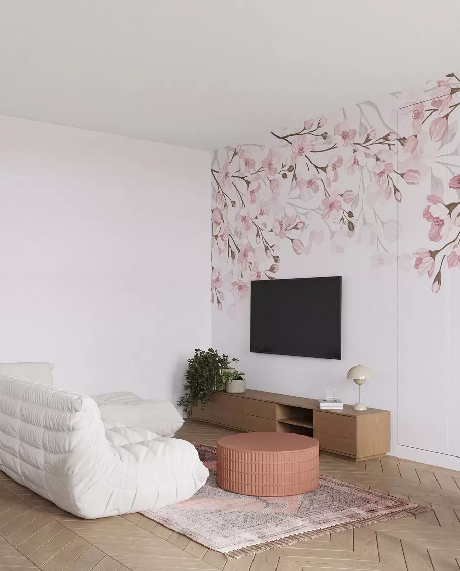 Fototapet rosa blommande grenar på en rosa bakgrund w02200