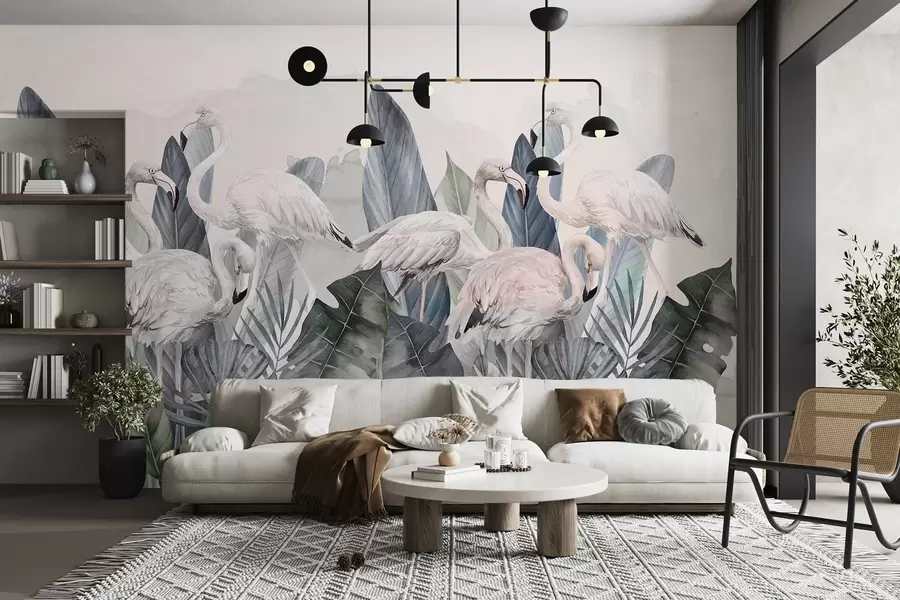 Fototapet Eleganta flamingos bland frodiga bladverk w00505v2