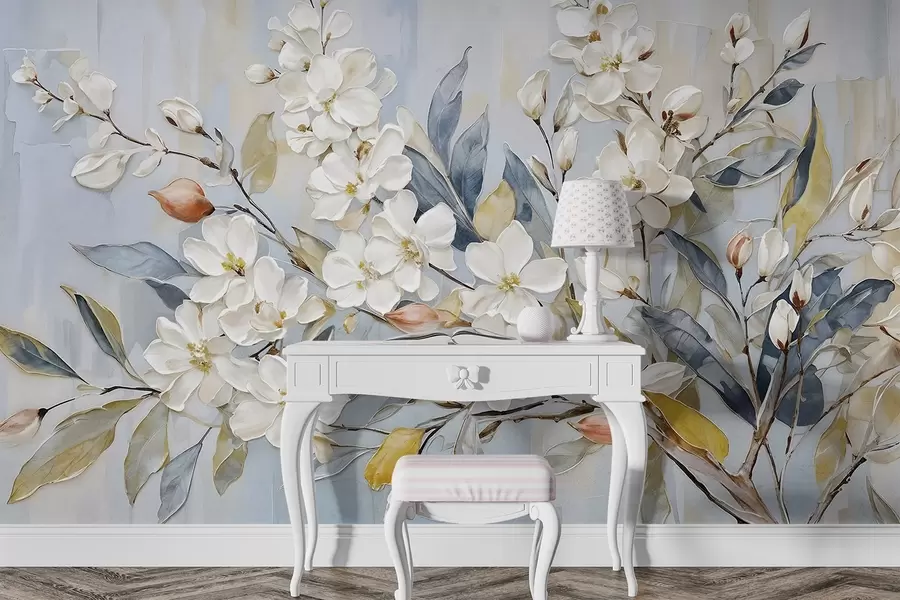 Fototapet Blommig pastellfärgad delikat vit blomma med gul mitt, omgiven av frodiga gröna blad och grenar w08399v1