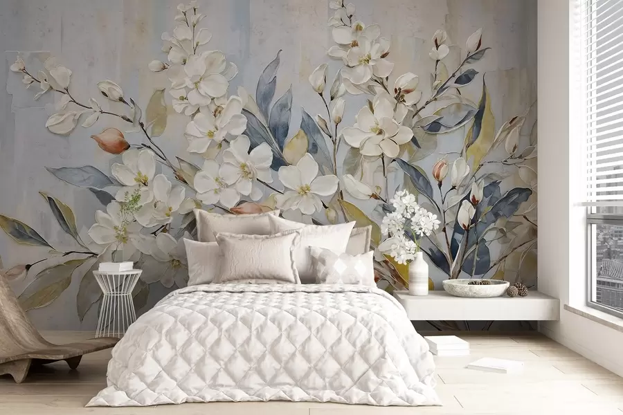 Fototapet Blommig pastellfärgad delikat vit blomma med gul mitt, omgiven av frodiga gröna blad och grenar w08399v1