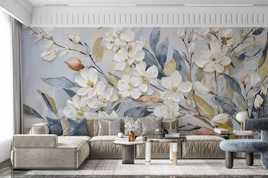 Fototapet Blommig pastellfärgad delikat vit blomma med gul mitt, omgiven av frodiga gröna blad och grenar w08399v1