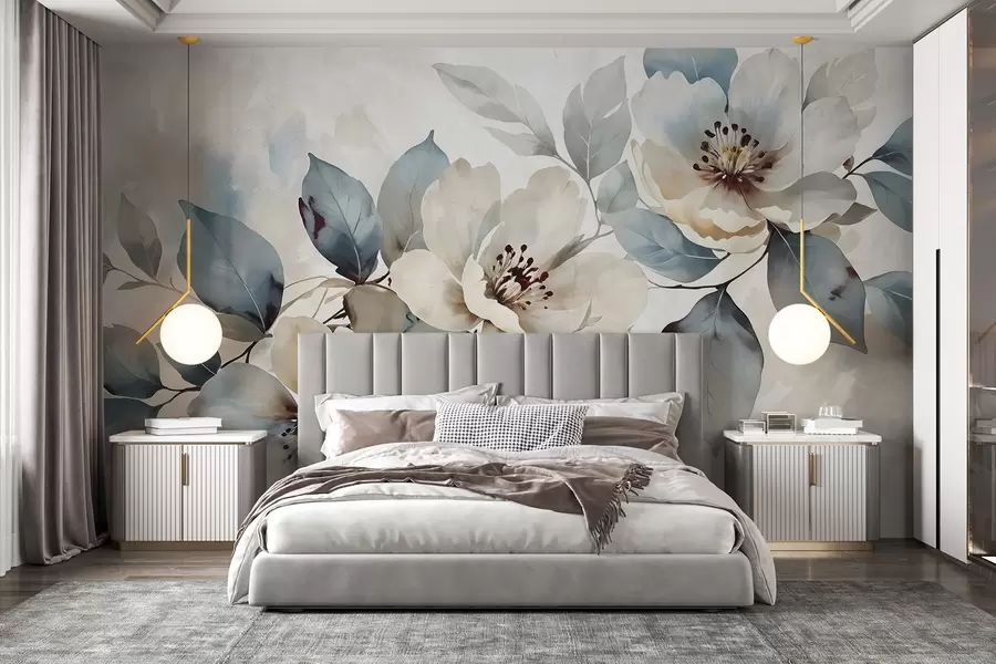 Fototapet Delikat akvarelltexturerat vitt och blått blomsterarrangemang, med mjuka kronblad och centra w08401