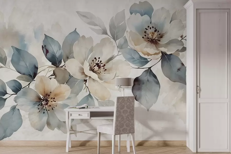Fototapet Delikat akvarelltexturerat vitt och blått blomsterarrangemang, med mjuka kronblad och centra w08401