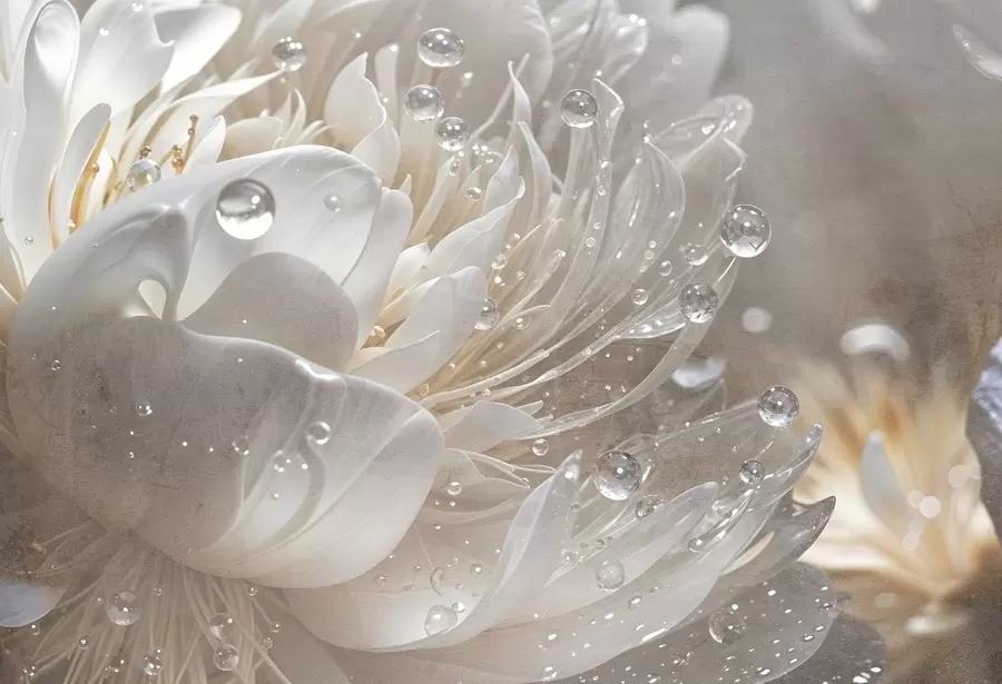 Fototapet En närbild av en beige pionblomma med vattendroppar på de skira kronbladen, vilket skapar en mjuk atmosfär w08402