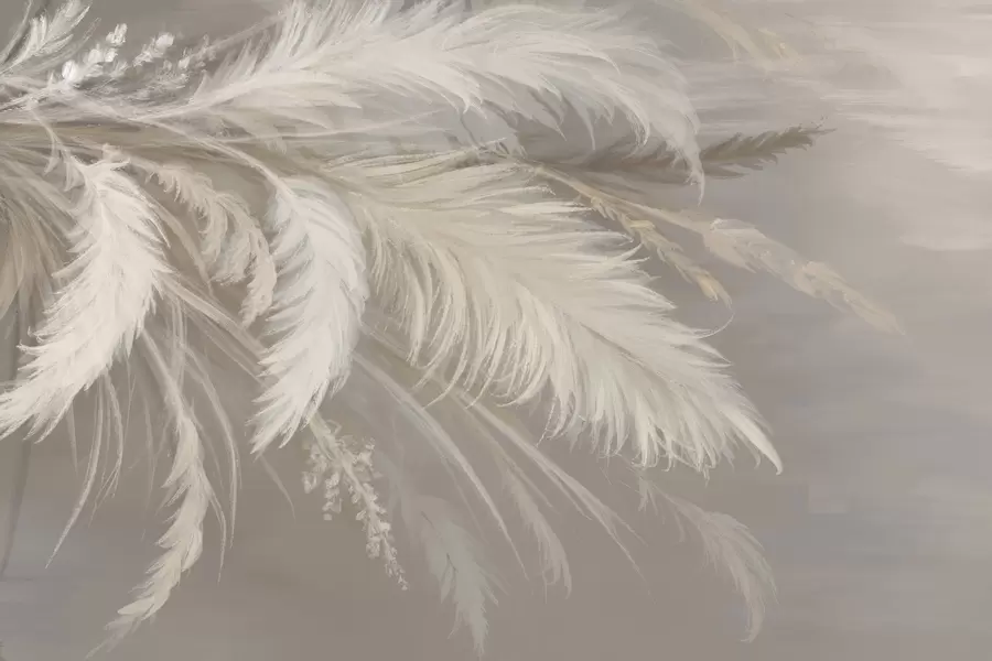 Fototapet Mjuka, fluffiga vita fjädrar och torkade blommor mot en neutral pastellbeige bakgrund w08403