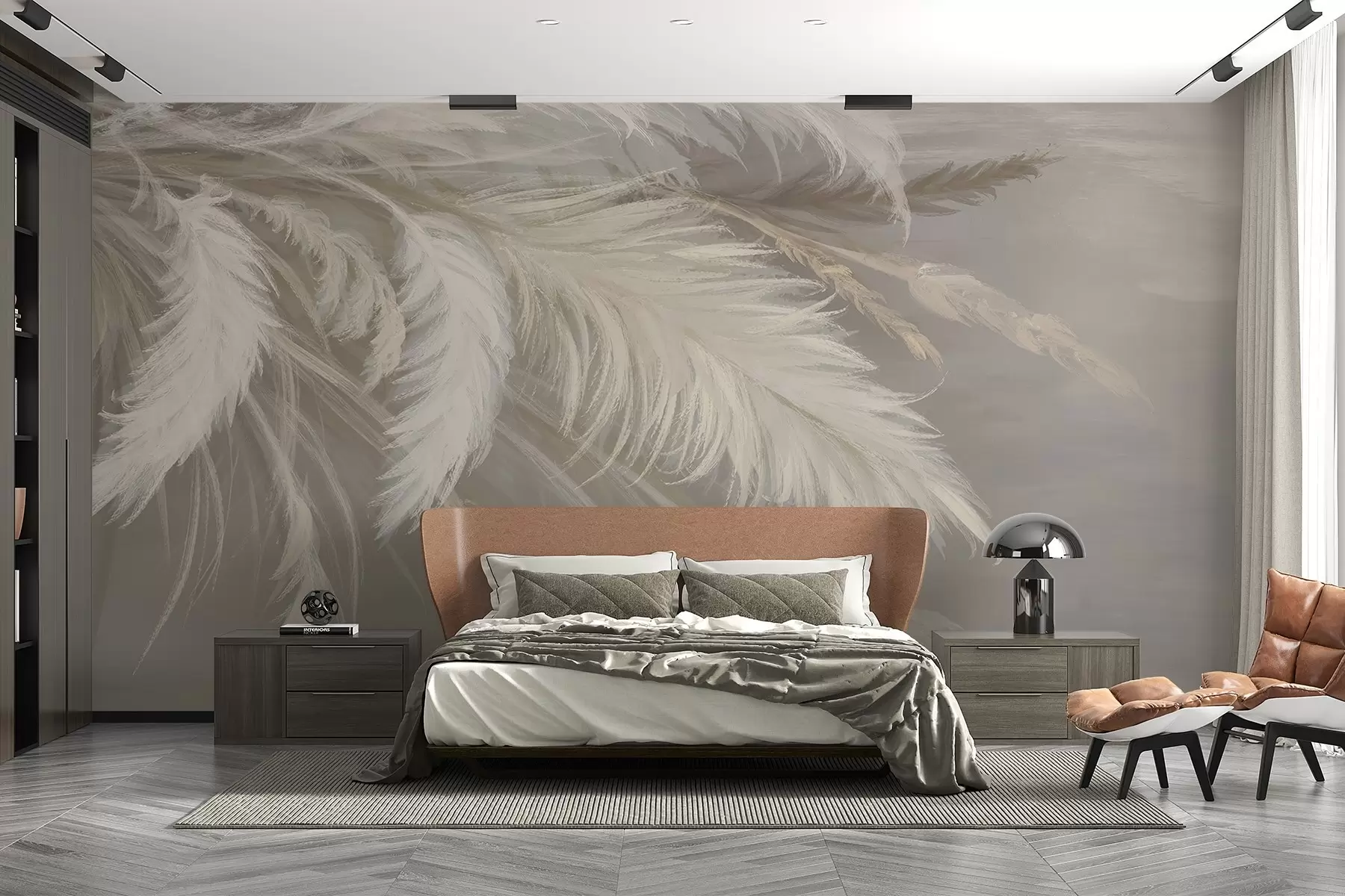 Fototapet Mjuka, fluffiga vita fjädrar och torkade blommor mot en neutral pastellbeige bakgrund w08403