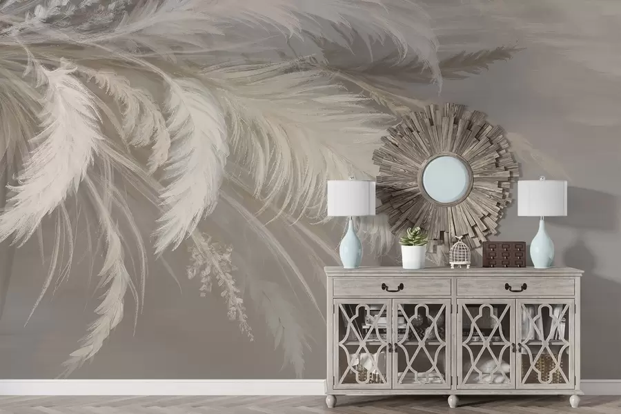 Fototapet Mjuka, fluffiga vita fjädrar och torkade blommor mot en neutral pastellbeige bakgrund w08403