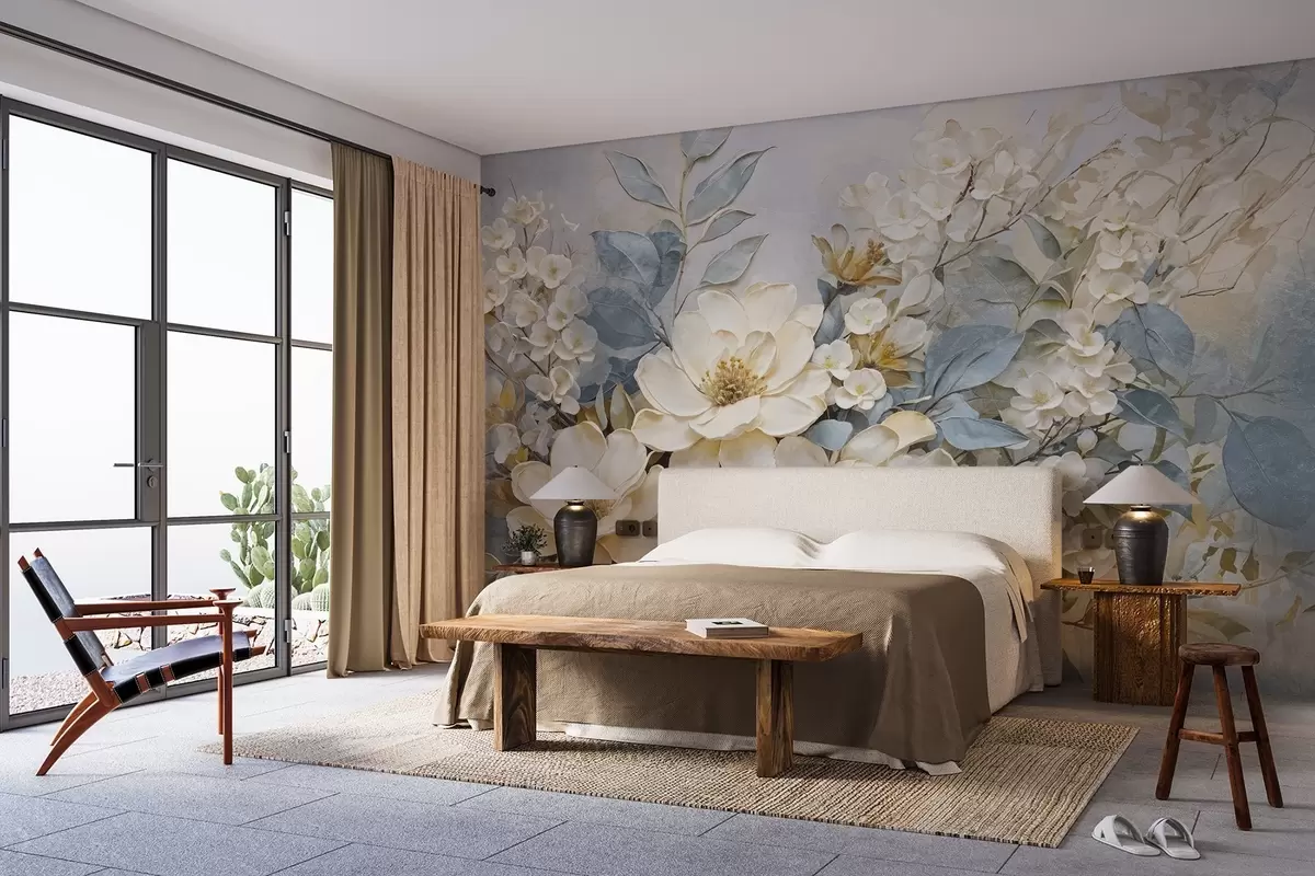 Fototapet Texturerade stora vita och ljusgula blommor med grågröna blad mot en mjuk, suddig bakgrund w08404