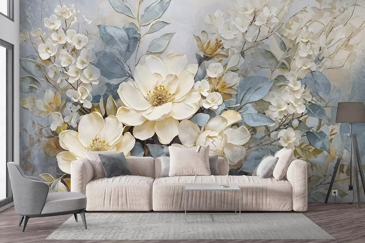 Fototapet Texturerade stora vita och ljusgula blommor med grågröna blad mot en mjuk, suddig bakgrund w08404