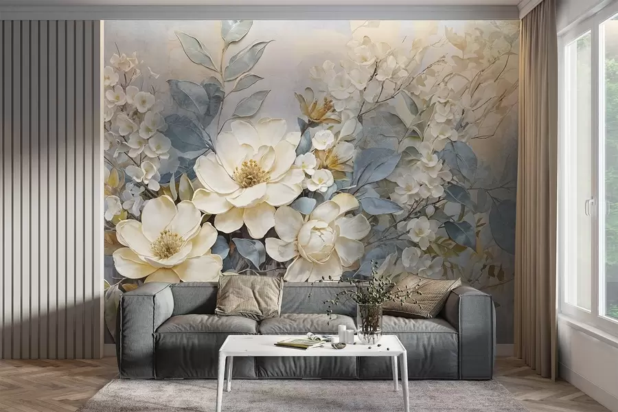 Fototapet Texturerade stora vita och ljusgula blommor med grågröna blad mot en mjuk, suddig bakgrund w08404