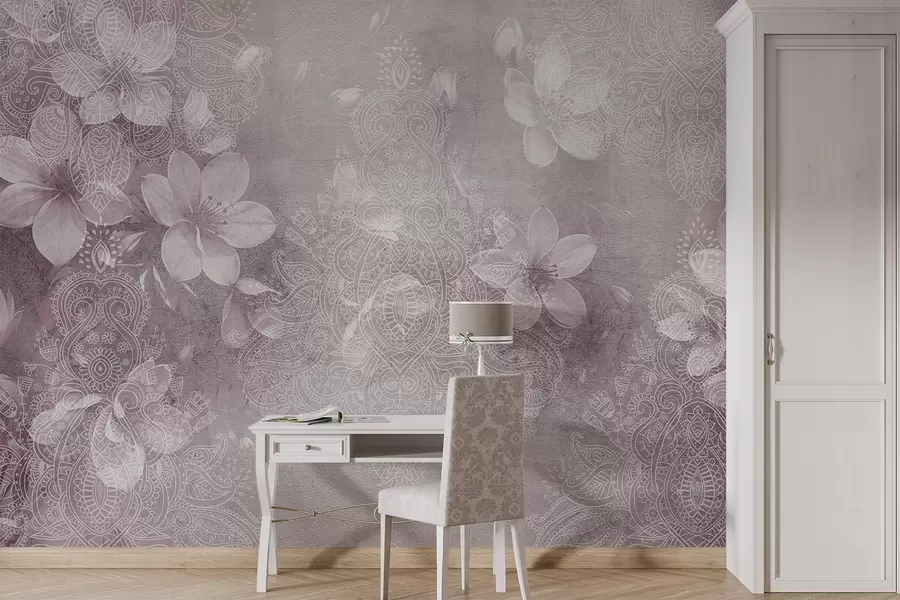 Fototapet Mjukt fokuserad teckning av skira vita blommor på en suddig texturerad spetsbordobakgrund w08405v2