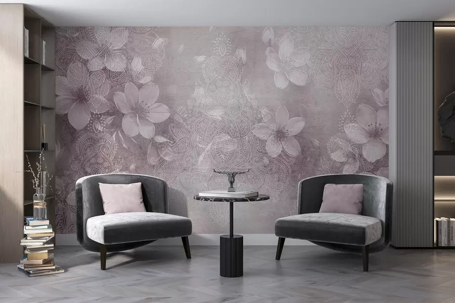 Fototapet Mjukt fokuserad teckning av skira vita blommor på en suddig texturerad spetsbordobakgrund w08405v2